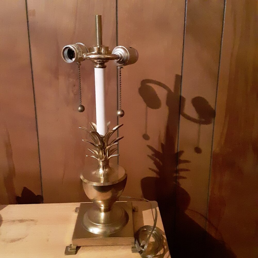 Vintage Brass Pineapple Palm Tree Dual Bulb Table Lamp RARE Hollywood Regency
